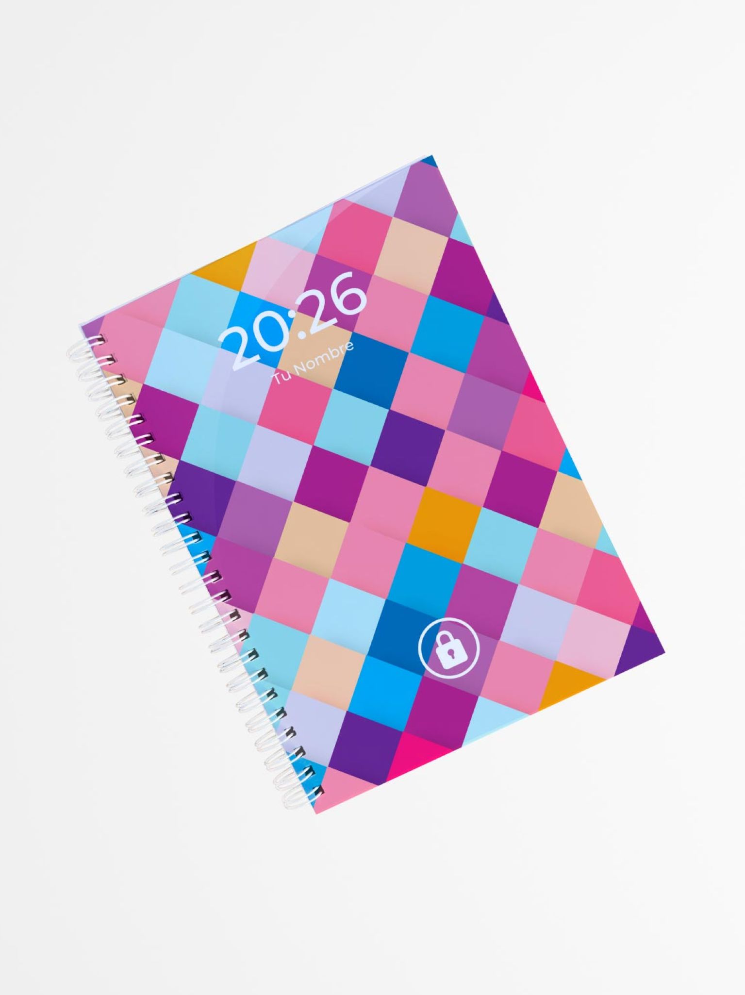 portada de agenda personalizada con patr&oacute;n geom&eacute;trico de rombos multicolor y texto &ldquo;2026 Tu Nombre&rdquo; sobre fondo blanco