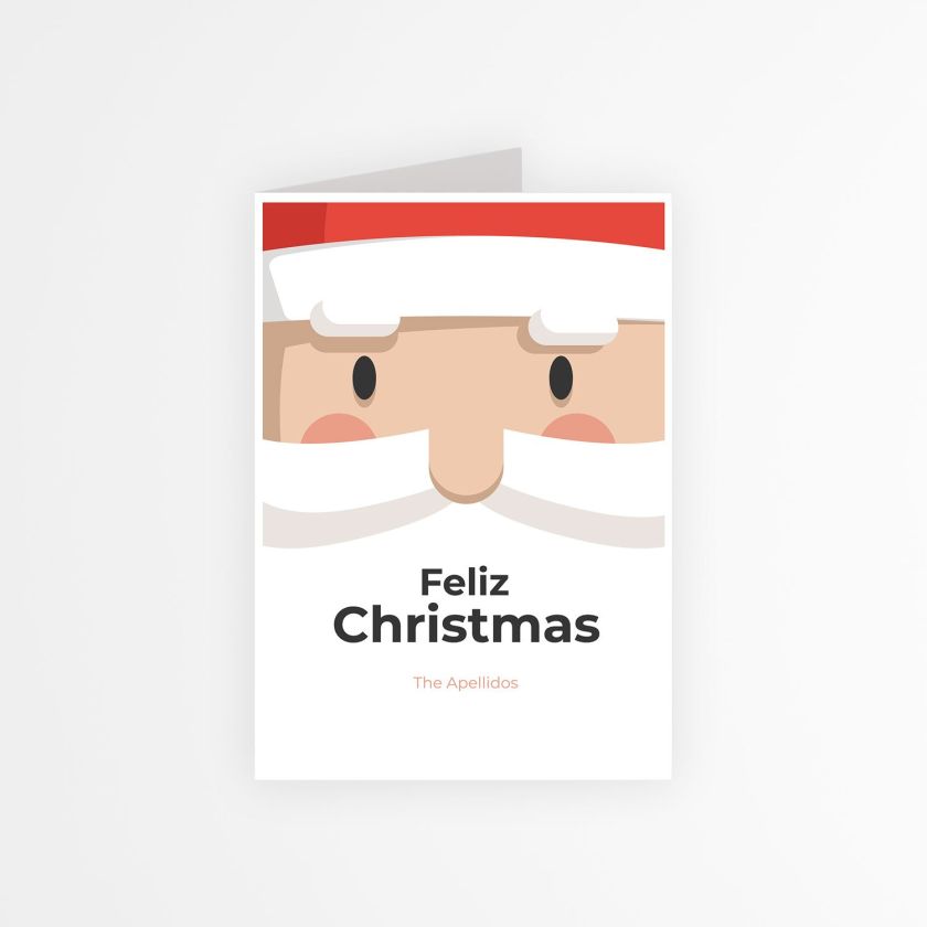 Dise&ntilde;o frontal de tarjeta navide&ntilde;a personalizada con ilustraci&oacute;n de Pap&aacute; Noel y texto &ldquo;Feliz Christmas&rdquo;