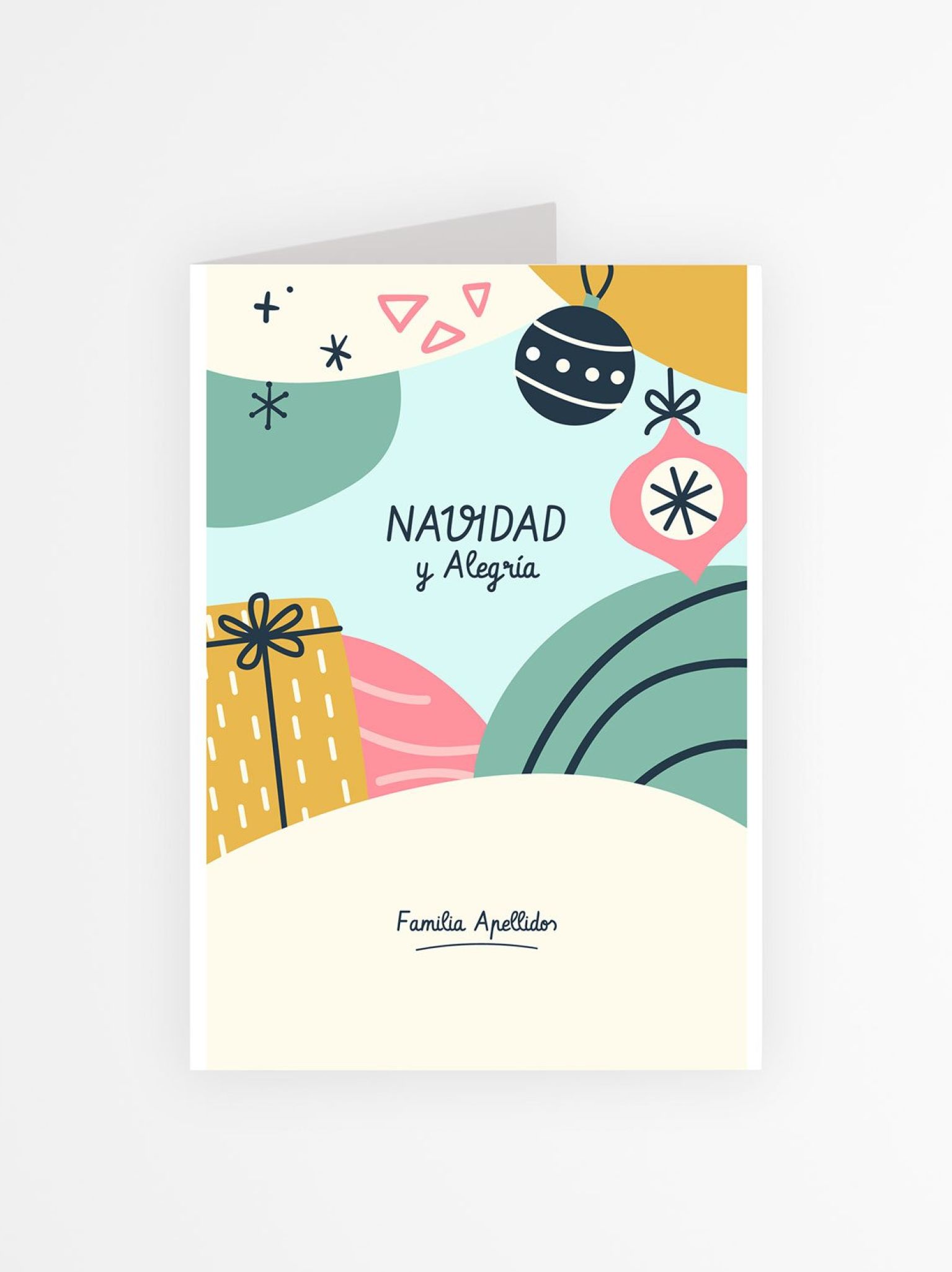 Interior de tarjeta navideña personalizada con fondo celeste y mensaje emotivo