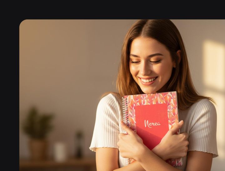 mujer abrazando una libreta personalizada que le acaban de regalar