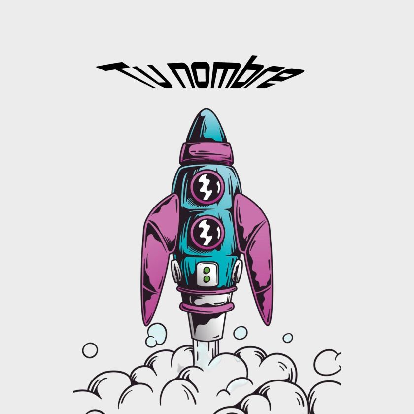 ilustración colorida de cohete despegando con espacio para personalizar con tu nombre en la parte superior