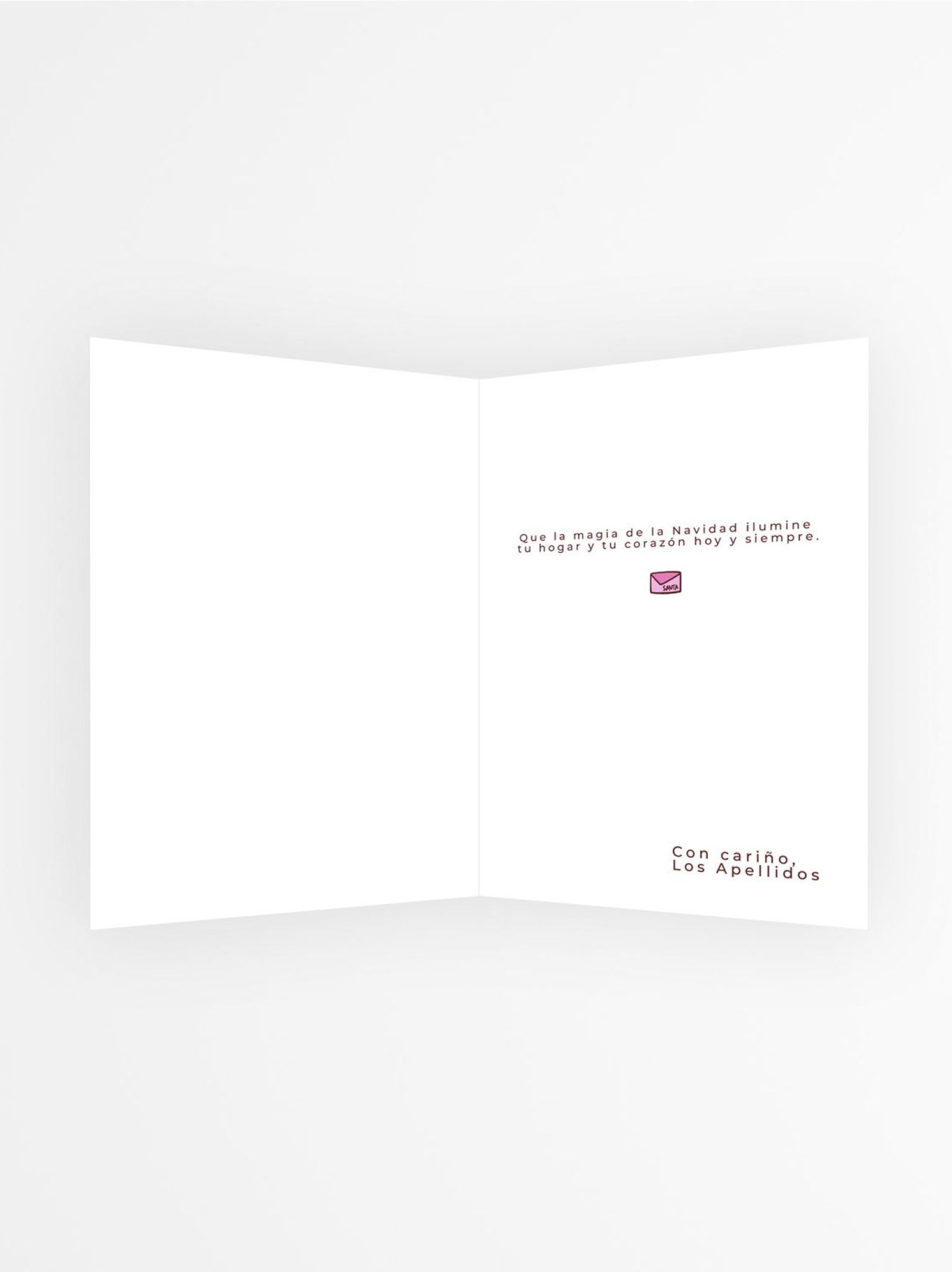 interior de tarjeta navidad personalizada con mensaje y sobre decorativo
