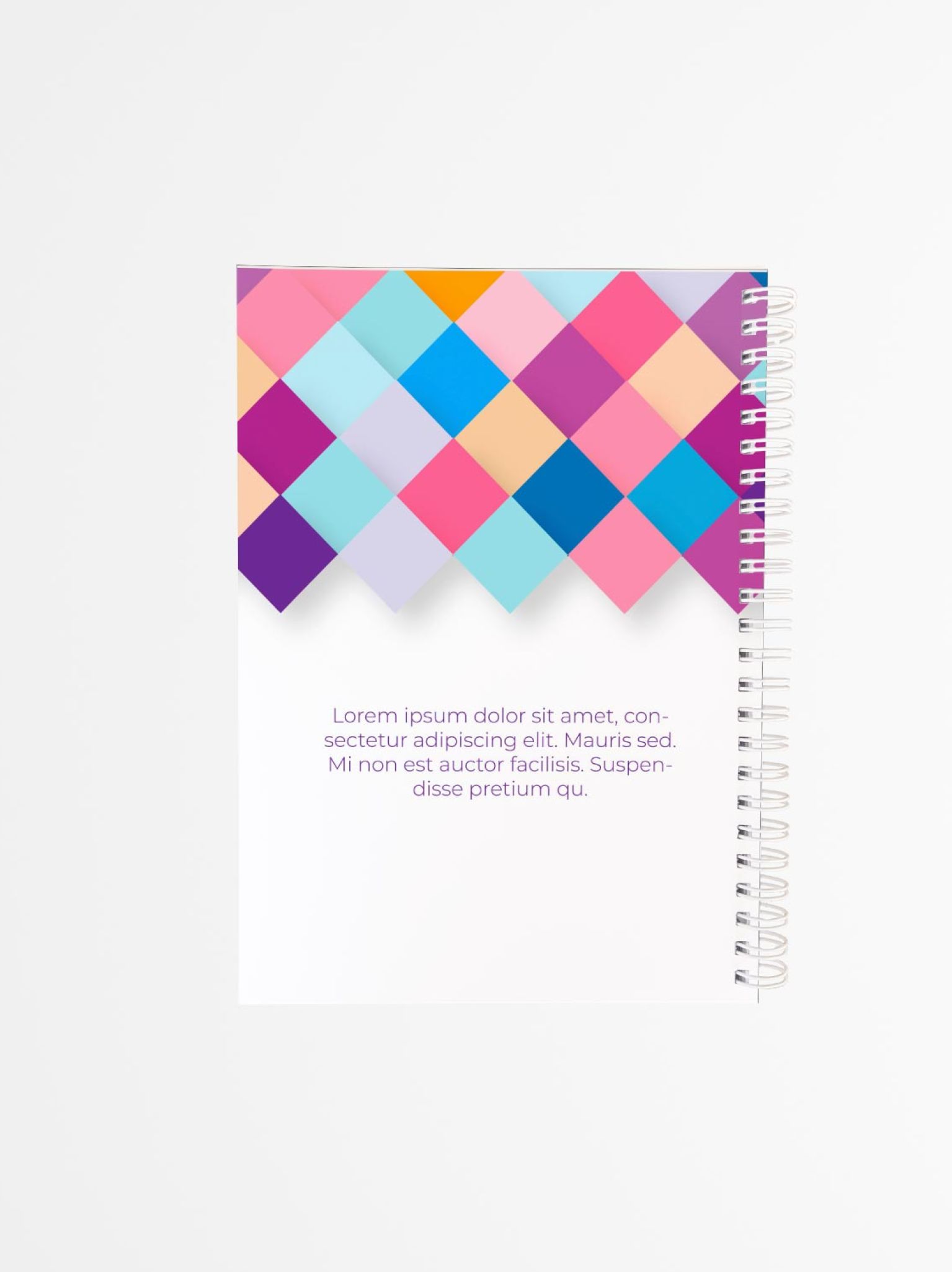 contraportada de agenda personalizada con diseño de rombos de colores brillantes en la parte superior y encuadernado en espiral lateral