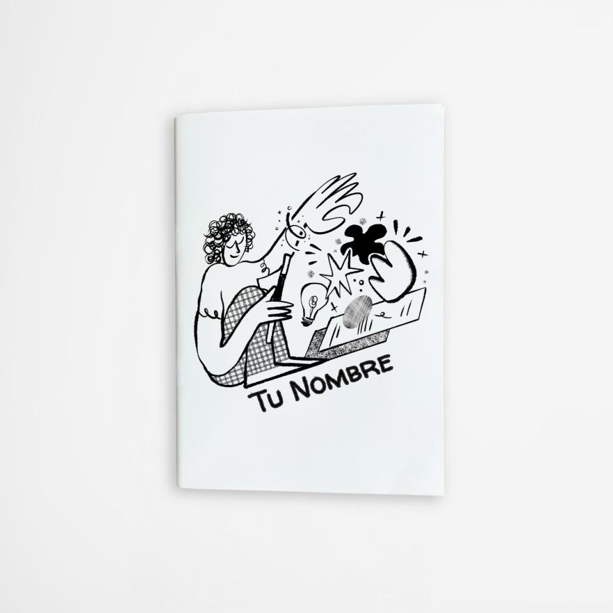 libreta con diseño artístico en blanco y negro de personaje creativo dibujando, ideal para personalizar con tu nombre