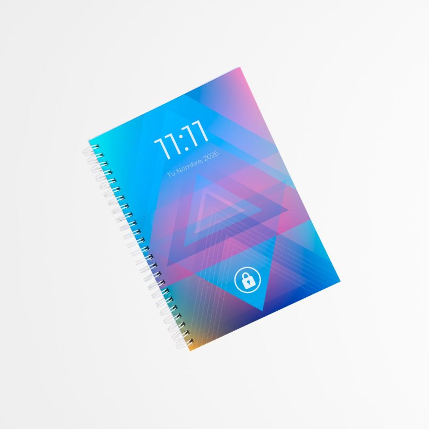 portada de agenda con diseño en triángulos superpuestos de tonos azul, rosa y violeta, con icono de candado blanco y encuadernado lateral de espiral