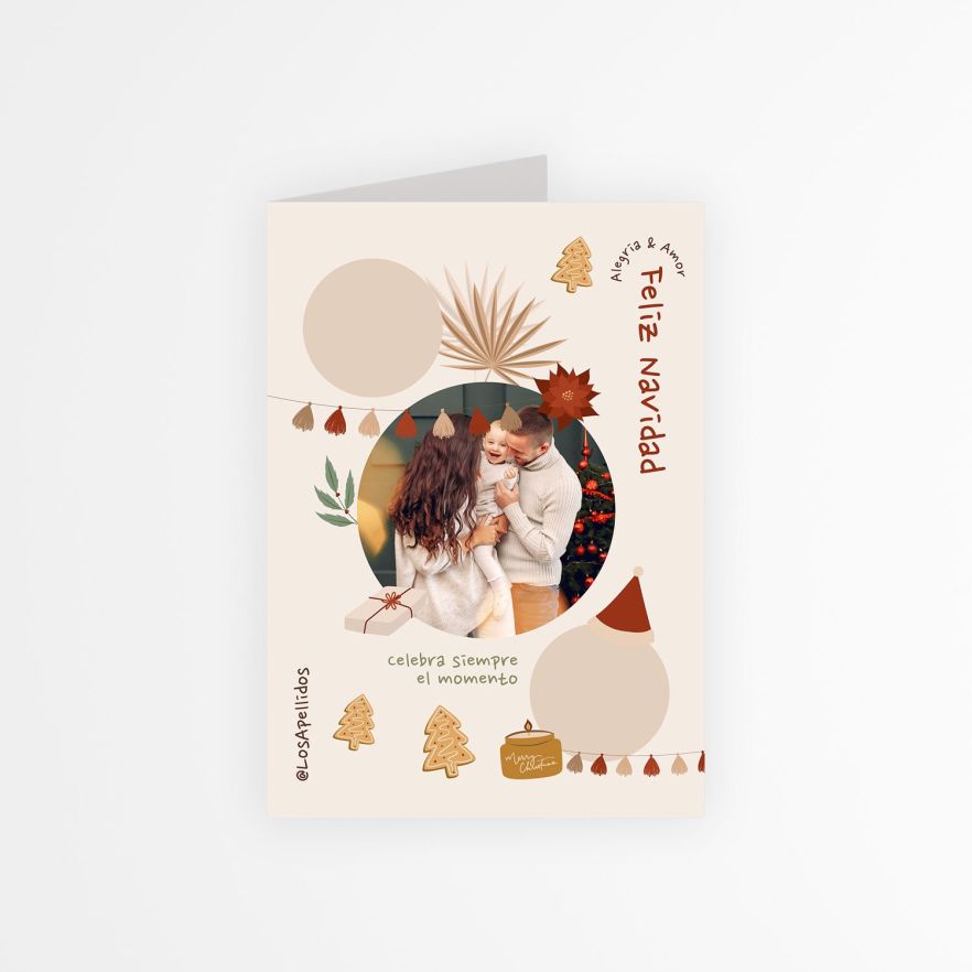 tarjeta navide&ntilde;a personalizada con foto dise&ntilde;o moderno con adornos navide&ntilde;os