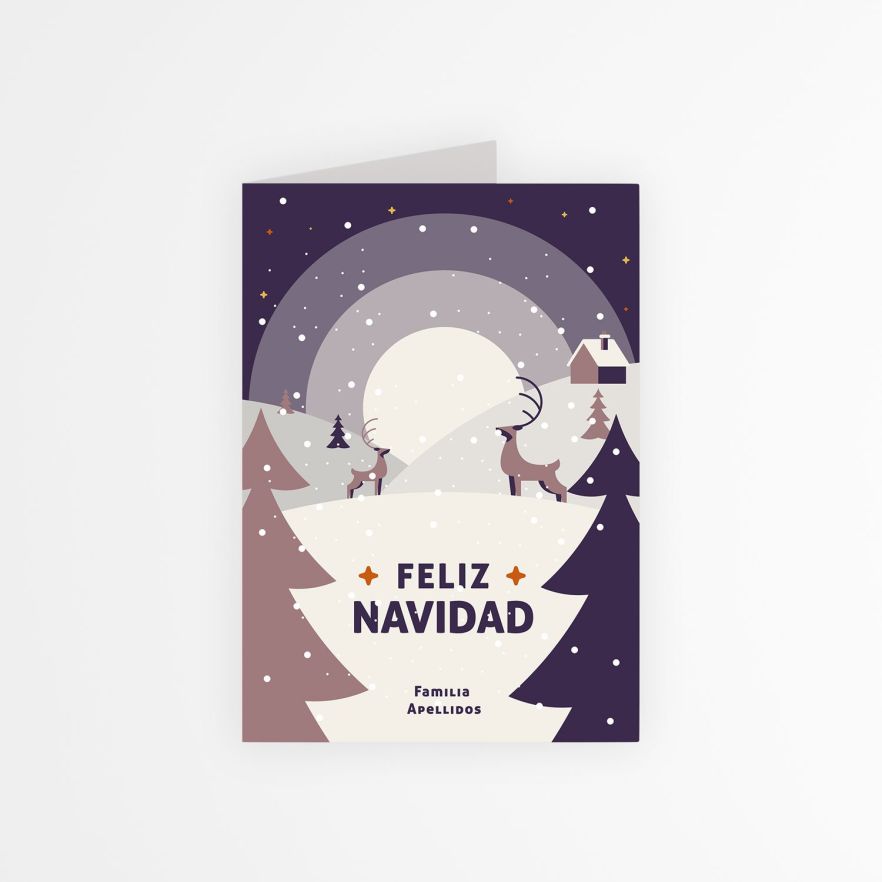Tarjeta de Navidad personalizada con diseño de renos en un paisaje nevado y mensaje “Feliz Navidad – Familia Apellidos”.