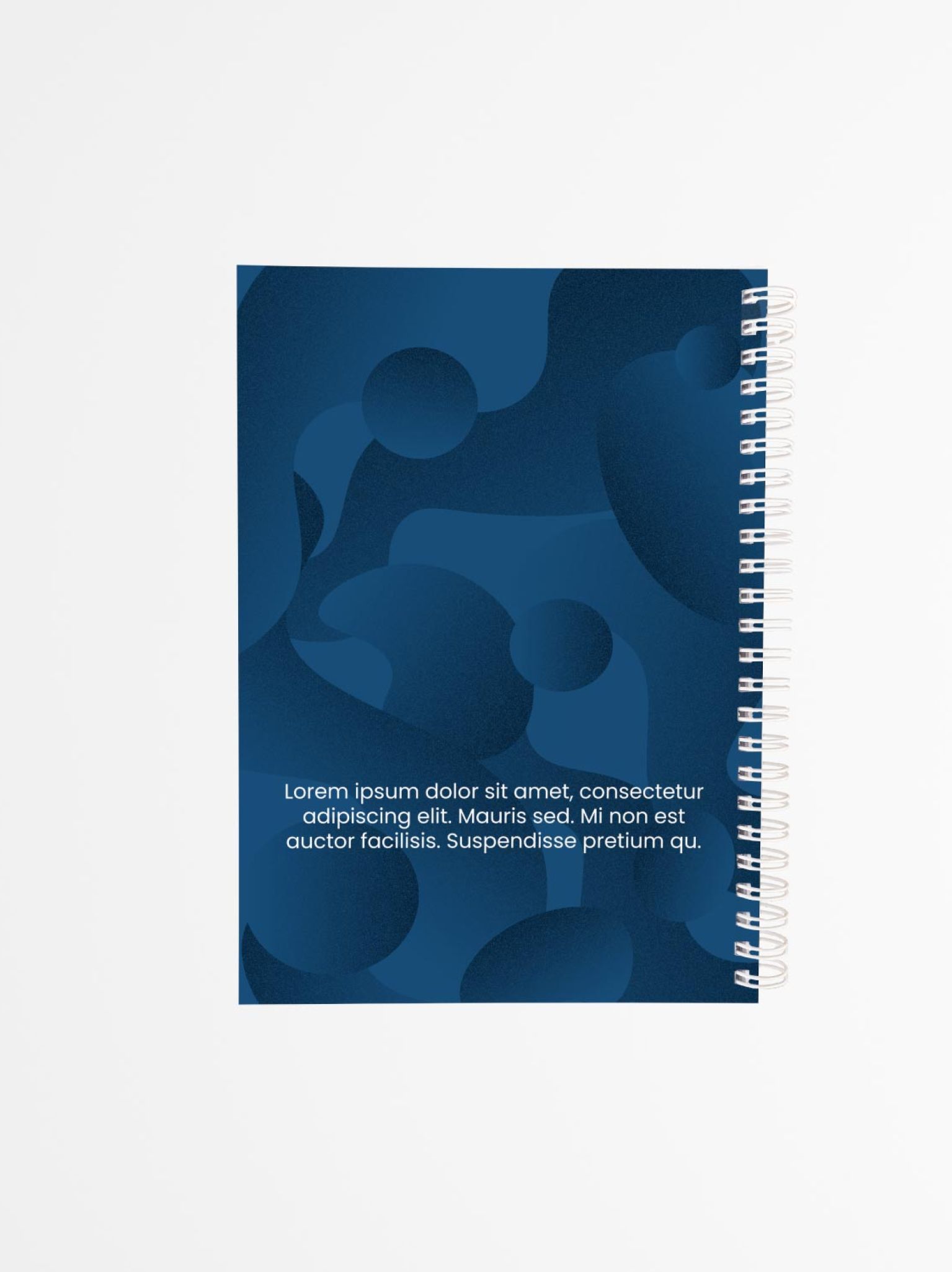 contraportada de agenda personalizada con diseño en tonos azules y textura geométrica suave, encuadernación blanca en espiral