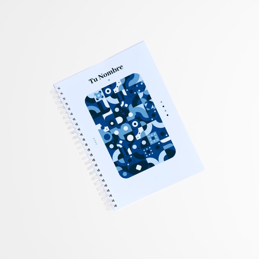 portada de agenda personalizada con diseño geométrico en tonos azules y blancos, estilo moderno y encuadernación en espiral blanca
