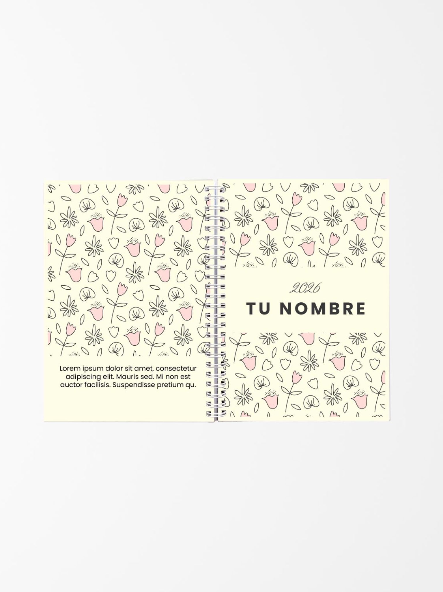 vista abierta de agenda personalizada con estampado de flores lineales en tonos suaves, encuadernada con espiral blanca y texto “Tu Nombre 2026”